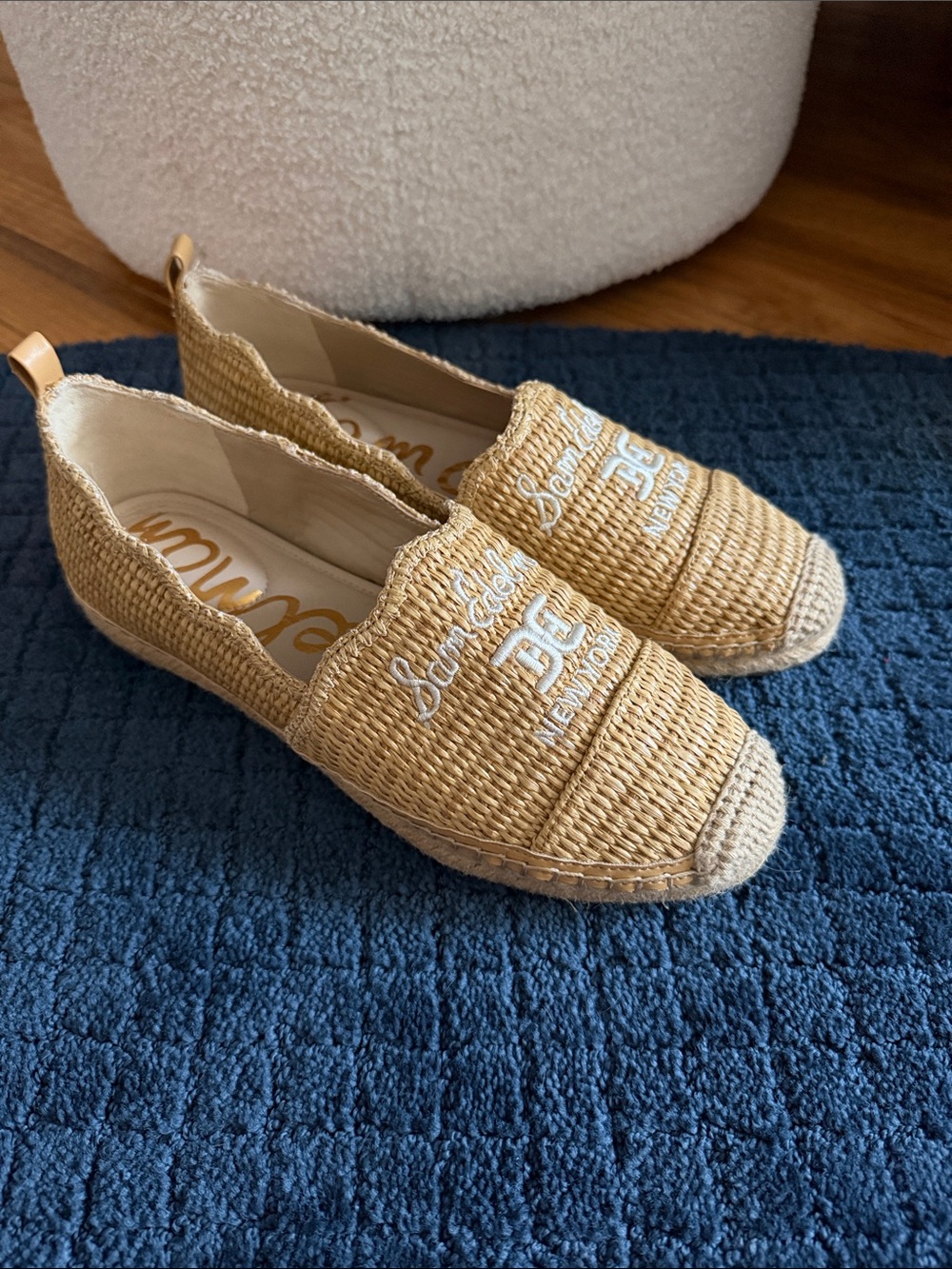 Sam Edelman Tan Woven Slip-On Espadrilles with Cream Embroidery